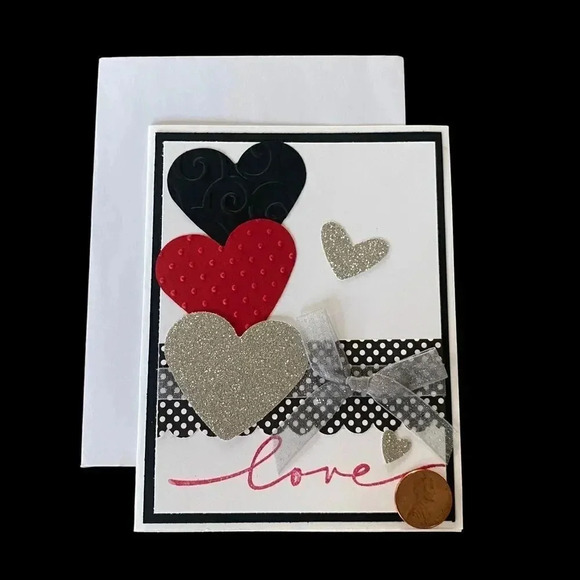 handmade Other - Handmade “Love” Paper Greeting Card & Env 3D Hearts Lace Ribbon 4.5" x 5.75"